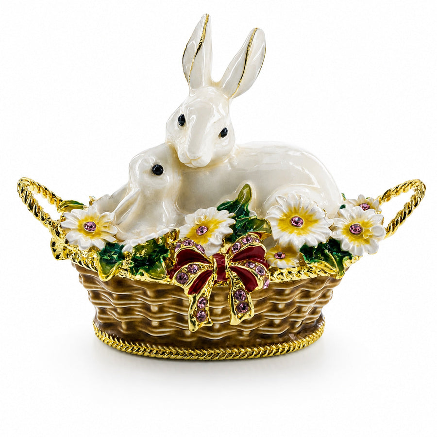 White Bunny Family in Easter Basket Trinket Box Figurine 2.5 Inches