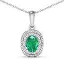 1.50 Carat Genuine Zambian Emerald and White Diamond 14K White Gold Pendant
