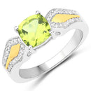 1.64 Carat Genuine Peridot and White Diamond 14K Yellow Gold with .925 Sterling Silver Ring