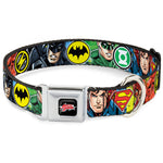 JUSTICE LEAGUE Star Logo Black/Silver-Fade/Red Seatbelt Buckle Collar - Justice League 4-Superhero CLOSE-UP Poses/Logos