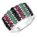 "3.40 Carat Genuine Emerald, Ruby and Black Sapphire .925 Sterling Silver Ring