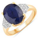 4.46 Carat Genuine Blue Sapphire and White Diamond 14K Yellow Gold Ring