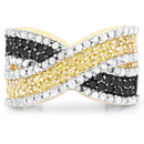 14K Yellow Gold Plated 1.58 Carat Genuine Black Diamond, White Diamond & Yellow Diamond .925 Sterling Silver Ring