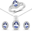 2.46 Carat Genuine Tanzanite and White Topaz .925 Sterling Silver 3 Piece Jewelry Set (Ring, Earrings, and Pendant w/ Chain)