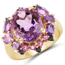 14K Yellow Gold Plated 5.25 Carat Genuine Amethyst, Rhodolite and Blue Diamond .925 Sterling Silver Ring