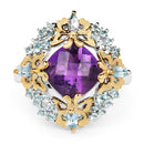 Two Tone Plated 4.45 Carat Genuine Amethyst & Blue Topaz .925 Sterling Silver Ring