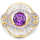14K Yellow Gold Plated 3.93 Carat Genuine Amethyst, Tanzanite and White Topaz .925 Sterling Silver Ring