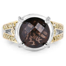 3.28 Carat Genuine Smoky Quartz, Yellow Diamond & White Diamond .925 Sterling Silver Ring