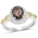 1.90 Carat Genuine Smoky Quartz, Yellow Diamond & White Diamond .925 Sterling Silver Ring