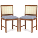 Rattan Dining Chair Set of 2 with Rubber Wood Frame and Linen Fabric Padded Seat-Walnut