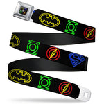 JL-Batman Superman Green Lantern Flash Electric Logos Full Color Black White Multi Neon Seatbelt Belt - Justice League Electric Logos Black/Multi Neon Webbing