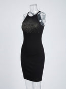 Bebe Rhinestone Splash Logo  Halter Dress - Size Large