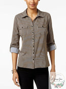 NY Collection Womens Petites Striped Utility Button-Down Top, Size PL