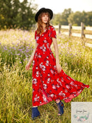 Band of Gypsies Red Floral Tiered Casual Maxi Dress, Size Xs