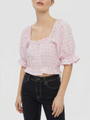 VERO MODA Gingham Crop Top in Snow White Checks Parfait Pink, Size XL