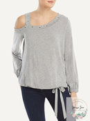 Single Thread Womens Grommet Cold Shoulder Pullover Top Gray, Small