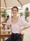 VERO MODA Gingham Crop Top in Snow White Checks Parfait Pink, Size XL