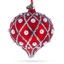 Pearl on Diamond Grid on Red Onion-Shape Finial Glass Christmas Ornament