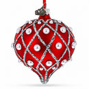Pearl on Diamond Grid on Red Onion-Shape Finial Glass Christmas Ornament