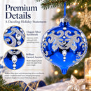 Blue Jeweled Silver Scroll Onion-Shape Finial Glass Christmas Ornament