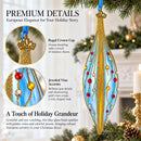 Blue and Gold Jeweled Vine Elongated Pointed Teardrop Finial Glass Christmas Ornament
