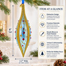 Blue and Gold Jeweled Vine Elongated Pointed Teardrop Finial Glass Christmas Ornament