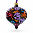 Whimsical Floral and Bird Black Onion-Shape Finial Glass Christmas Ornament