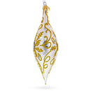 Ivory & Gold Pearl Embossed Elongated Pointed Teardrop Finial Glass Christmas Ornament
