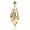 Ivory & Gold Pearl Embossed Elongated Pointed Teardrop Finial Glass Christmas Ornament