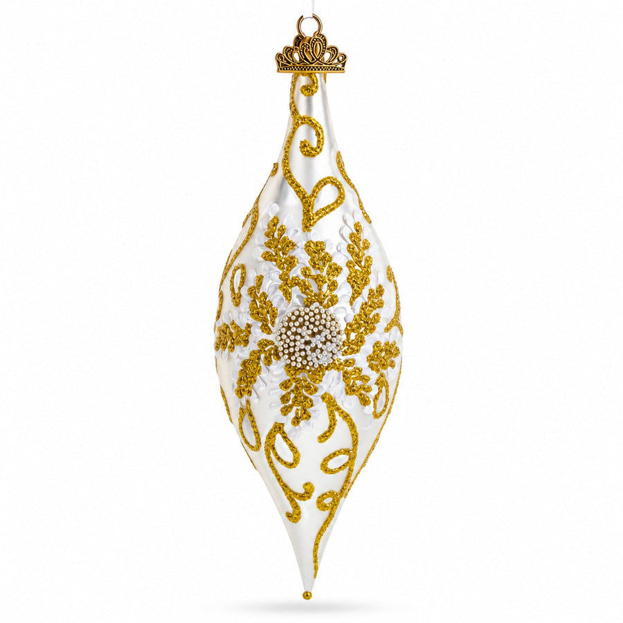 Ivory & Gold Pearl Embossed Elongated Pointed Teardrop Finial Glass Christmas Ornament