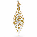 Ivory & Gold Pearl Embossed Elongated Pointed Teardrop Finial Glass Christmas Ornament