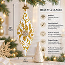 Ivory & Gold Pearl Embossed Elongated Pointed Teardrop Finial Glass Christmas Ornament
