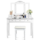 Makeup Dressing Table with Tri-Folding Mirror and Cushioned Stool for Women