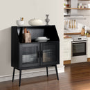 Kitchen Sideboard Buffet with Open Cubby and 2 Glass Doors-Black