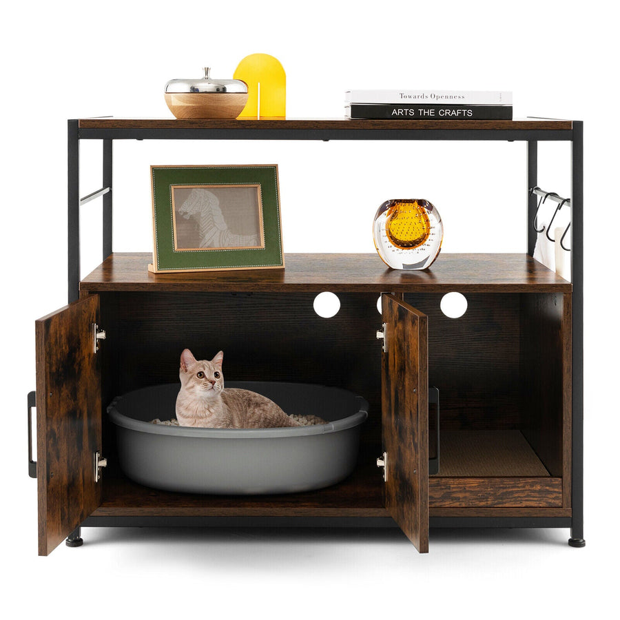 Wooden Cat Box Cabinet with with Metal Frame and Scratching Pad-Rustic Brown