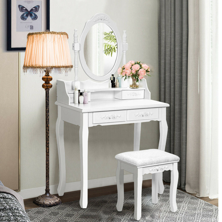 Vanity Table Set with Oval Mirror and 4 Drawers