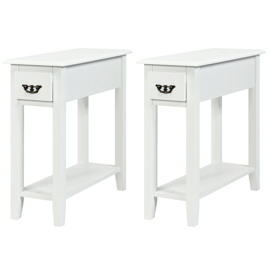 2 Pieces 2 Tier Sofa Side End Table with Drawer and Open Shelf