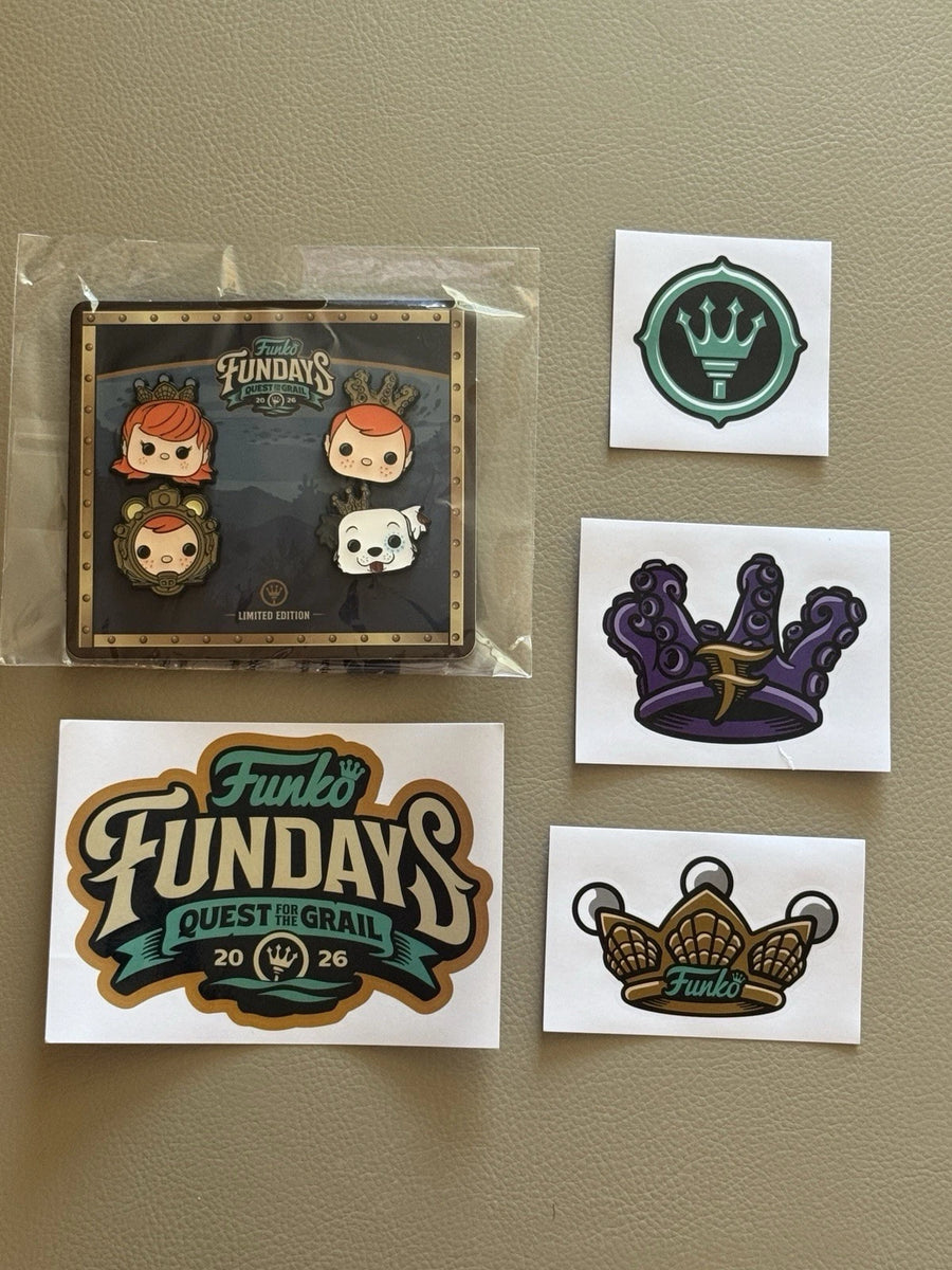 Fundays: Quest for the Grail - Atlantis 2026 2026 SDCC Funko Fundays Exclusive Mascot 4 Pin Set LE With Stickers