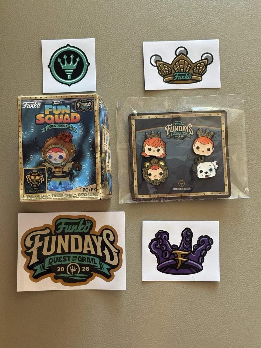 Fundays: Quest for the Grail - Atlantis 2026 2026 SDCC Funko Fundays Exclusive Mascot 4 Pin Set LE Fun Squad Sticker Bundle