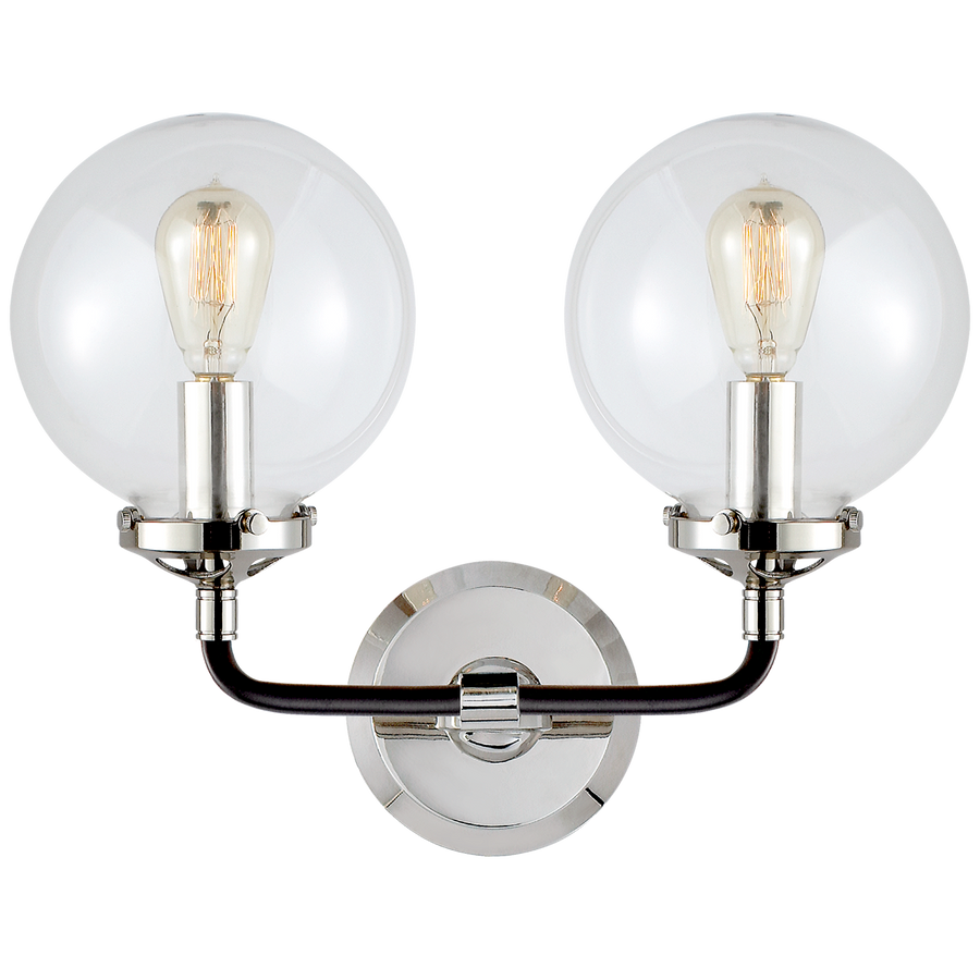 Bistro Double Light Curved Sconce Polished nickel and Black with Clear
