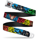 JUSTICE LEAGUE Star Logo Full Color Black Silver-Fade Red Seatbelt Belt - Justice League New 52 4-Superhero Poses/Scattered Logos Multi Color/Black Webbing