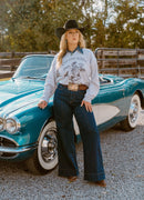 Saddle Oiled Raw Hem V-Neck Graphic