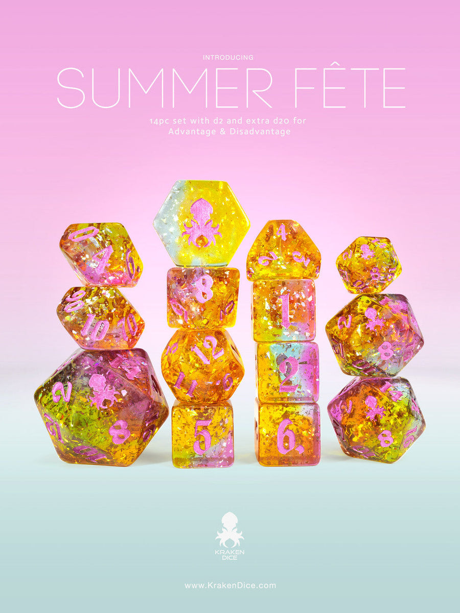 Kraken Dice Summer Fête 14pc TTRPG Dice Set with Pink Ink