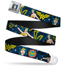 Wonder Woman Face Comic Full Color Blues Seatbelt Belt - Wonder Woman Face/Poses/Logos/Comic Scenes Blues/Yellow Webbing