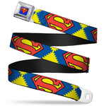 Superman Full Color Blue Seatbelt Belt - Jagged Superman Shield CLOSE-UP Yellow/Blue/Red Webbing