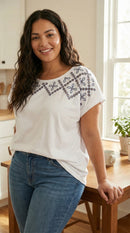 Single Thread Womens Plus Eyelet Embroidered Pullover Top