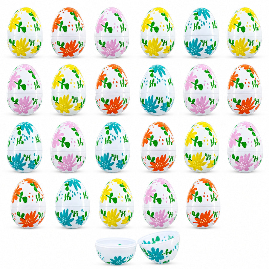 Set of 24 Flowers on White Plastic Easter Eggs, 2.25 Inches Each