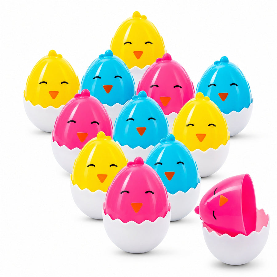 Set of 12 Hatching Chick Easter Eggs - Fillable Upright Plastic Hunt Supply