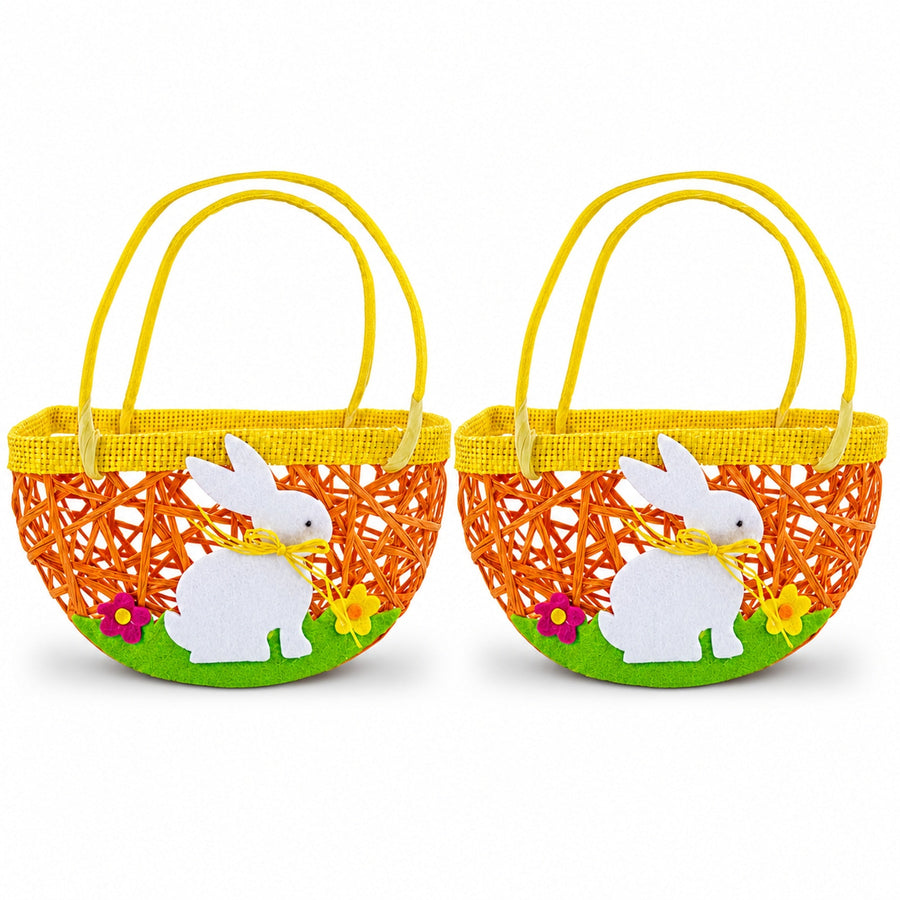 Set of 2 Easter Bunny Egg Hunt Baskets With Floral Accent 6 Inches Tall