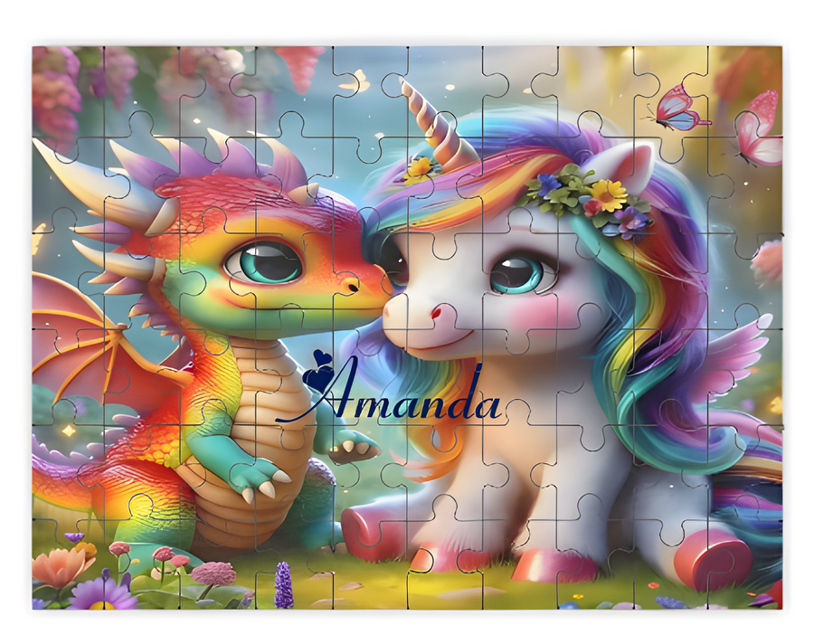 Personalized Unicorn Dragon Wooden Puzzle with Name | Kawaii Rainbow Dragon and Baby Unicorn in a Magical Garden | 60 Pieces | Gift for Girls